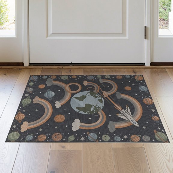 ODIKA 2'x3' Washable Accent Rug Pet Friendly, Bedside Mat Plane Educational Map Galaxy Border Motifs Cartoon Constellation Rocket Flowing for Bedroom, Nursery, RV
