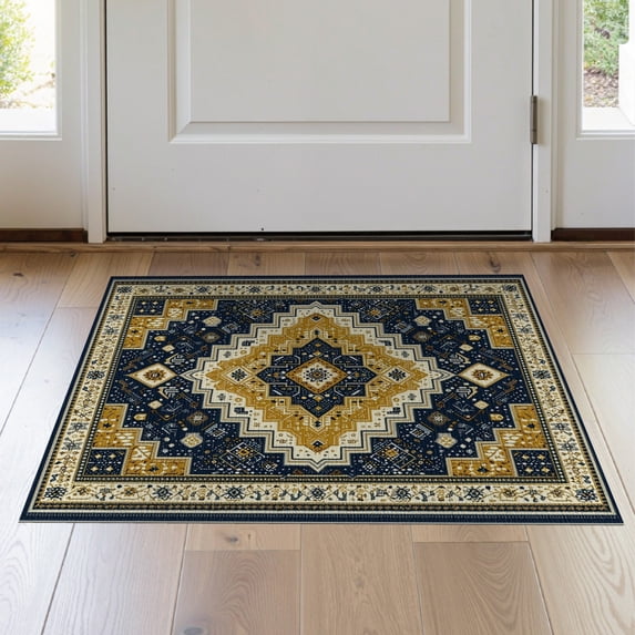 ODIKA 2'x3' Washable Accent Rug Pet Friendly, Bedside Mat Round Abstract Navy Mosaic Structured Border Extra Large Circle for Bedroom, Nursery, RV