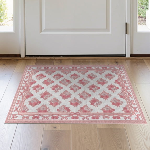 ODIKA 2'x3' Washable Accent Rug Pet Friendly, Bedside Mat Scattered Rosebuds Delicate Ribbon Border Shack Dainty Pink Refined for Bedroom, Nursery, RV