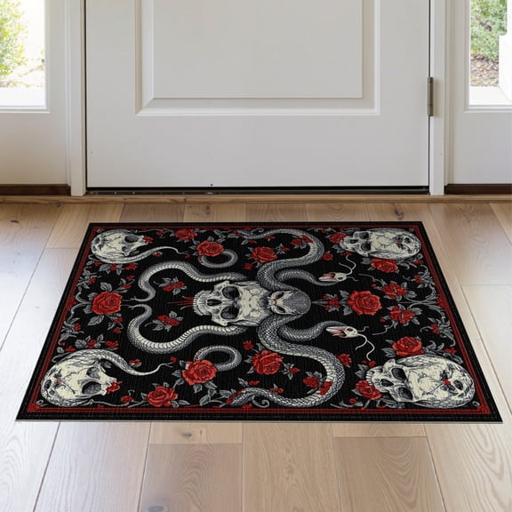 ODIKA 2'x3' Washable Accent Rug Pet Friendly, Bedside Mat Snake Moody Gothic Scattered Serpent Skull Motif Coiled Border for Bedroom, Nursery, RV