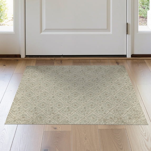 ODIKA 2'x3' Washable Accent Rug Pet Friendly, Bedside Mat Traditional Contemporary Neutral Botanical Grid Decorative Beige for Bedroom, Nursery, RV