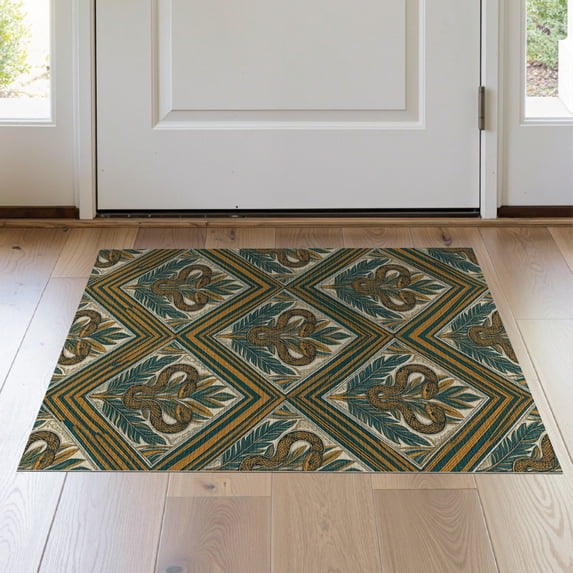 ODIKA 2'x3' Washable Accent Rug Pet Friendly, Bedside Mat Tropical Jungle With Vintage Striped Geometric Trim Snake Boho Refined for Bedroom, Nursery, RV