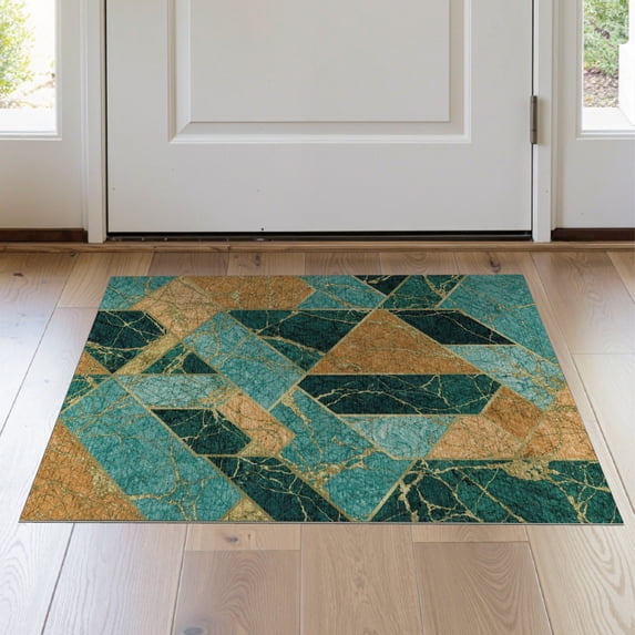 ODIKA 2'x3' Washable Accent Rug Pet Friendly, Bedside Mat Turquoise Agate Inspired Geometric Block Orange Teal Beige Abstract for Bedroom, Nursery, RV