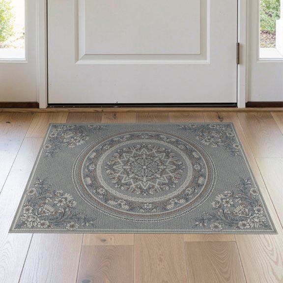ODIKA 2'x3' Washable Accent Rug Pet Friendly, Bedside Mat Vintage Boho Symmetrical Botanical Motifs Geometric Papel Under Flowing Dynamic for Bedroom, Nursery, RV