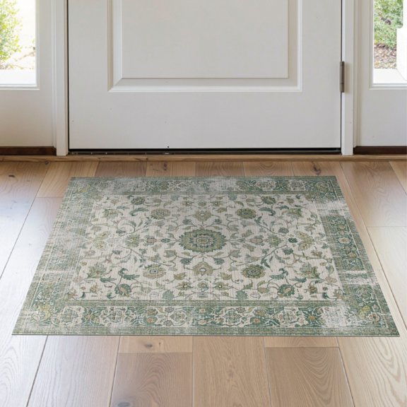 ODIKA 2'x3' Washable Accent Rug Pet Friendly, Bedside Mat Vintage Distressed Retro Farmhouse Scroll Border Faded Botanical for Bedroom, Nursery, RV