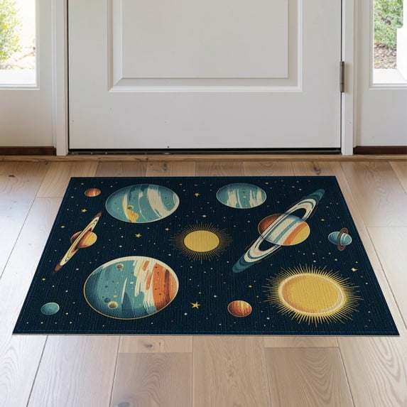 ODIKA 2'x3' Washable Accent Rug Playroom Ship Galaxy Theme Rocket Science Motif Classroom Themed for Bedroom, Nursery, RV, Pet Friendly, Bedside Mat