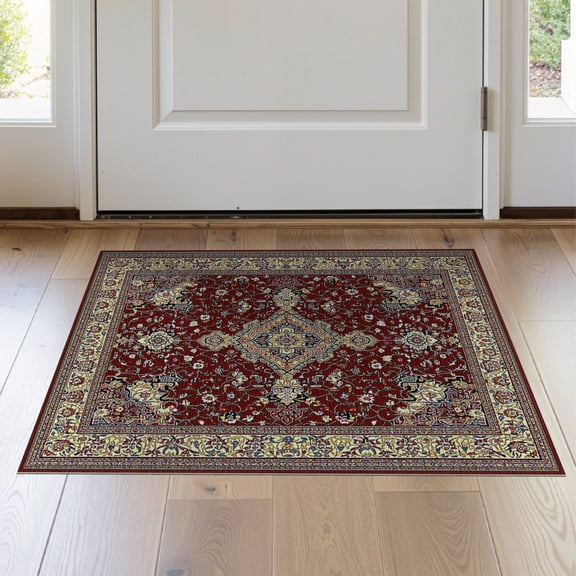 ODIKA 2'x3' Washable Accent Rug Red Vintage Oriental Burgundy Floral Intricate Medallion with Scrolls for Bedroom, Nursery, RV, Pet Friendly, Bedside Mat