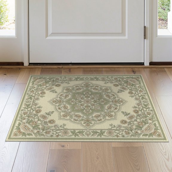 ODIKA 2'x3' Washable Accent Rug Retro Distressed Farmhouse Faded Scroll Border Botanical Vintage Flowing Dynamic for Bedroom, Nursery, RV, Pet Friendly, Bedside Mat