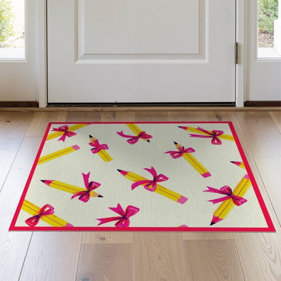 ODIKA 2'x3' Washable Accent Rug School Pencil Door Classroom Coquette Schoolgirl Teacher Preschool for Bedroom, Nursery, RV, Pet Friendly, Bedside Mat