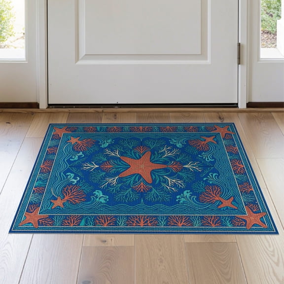 ODIKA 2'x3' Washable Accent Rug Starfish Ocean Mosaic Coral Wave Border Bathroom Symmetrical for Bedroom, Nursery, RV, Pet Friendly, Bedside Mat