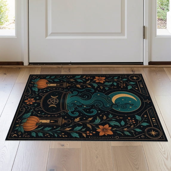 ODIKA 2'x3' Washable Accent Rug Teal Orange Mystical Night and Nature Design Celestial Motifs with Floral Lantern for Bedroom, Nursery, RV, Pet Friendly, Bedside Mat