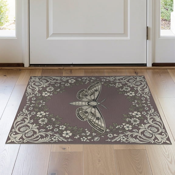 ODIKA 2'x3' Washable Accent Rug Witchy Dusty Plum Ivory Mirrored Butterfly Ornate Scrollwork for Bedroom, Nursery, RV, Pet Friendly, Bedside Mat