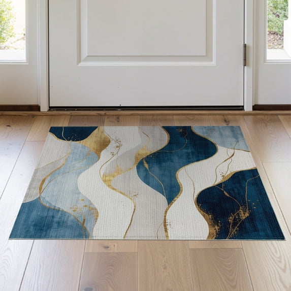ODIKA 2'x3' Washable Doormat Abstract Modern Wavy Design With Brushstroke Motif And Marbled Accents for Entryway, Kitchen, Laundry Room, Non-Slip, Low Pile