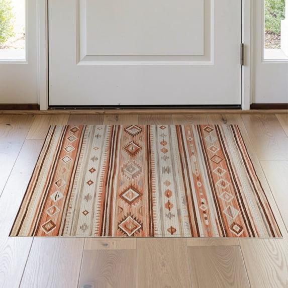 ODIKA 2'x3' Washable Doormat Alfombra Boho Vintage Southwestern Stripe Beige Para Sala Border for Entryway, Kitchen, Laundry Room, Non-Slip, Low Pile