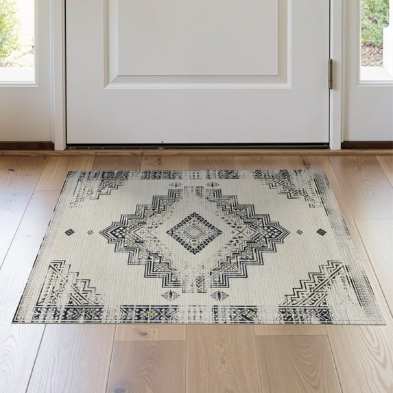 ODIKA 2'x3' Washable Doormat Beige Boho Large Geometric Trellis Border Neutral Dining Lattice for Entryway, Kitchen, Laundry Room, Non-Slip, Low Pile