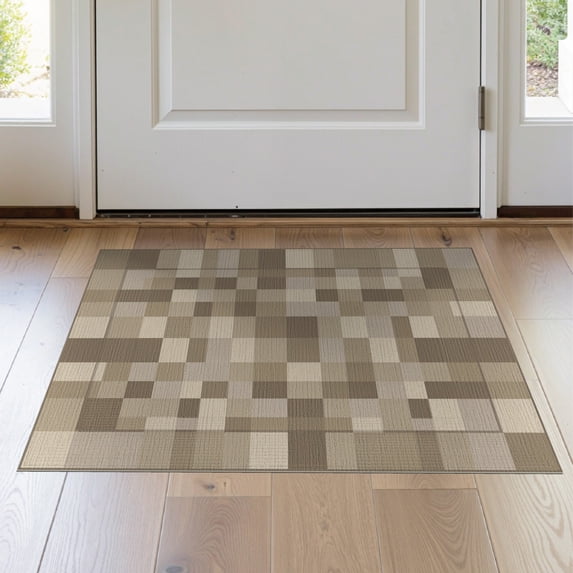 ODIKA 2'x3' Washable Doormat Beige Solid Structured Interlocking Block Motif Contemporary for Entryway, Kitchen, Laundry Room, Non-Slip, Low Pile