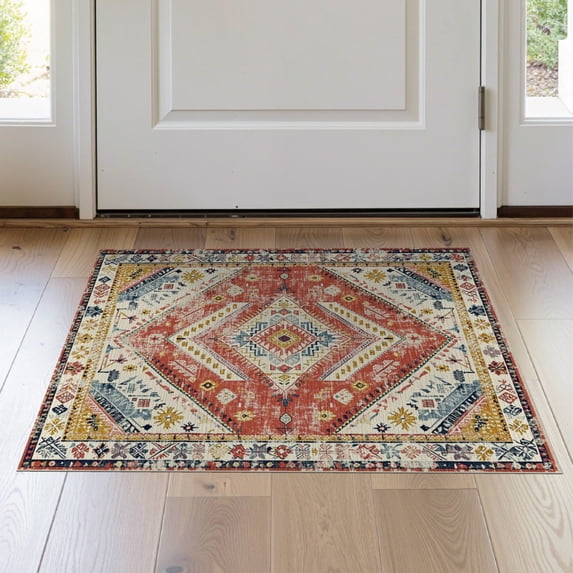 ODIKA 2'x3' Washable Doormat Boho Large Vintage Oushak Southwestern Lattice Motif Cream Farmhouse for Entryway, Kitchen, Laundry Room, Non-Slip, Low Pile