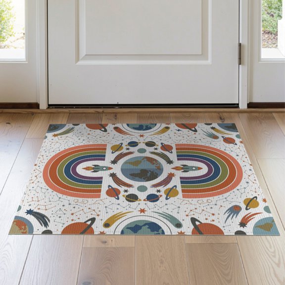 ODIKA 2'x3' Washable Doormat Border Plane Educational Motifs Cartoon Galaxy Rocket Arc Orbiting Playful for Entryway, Kitchen, Laundry Room, Non-Slip, Low Pile