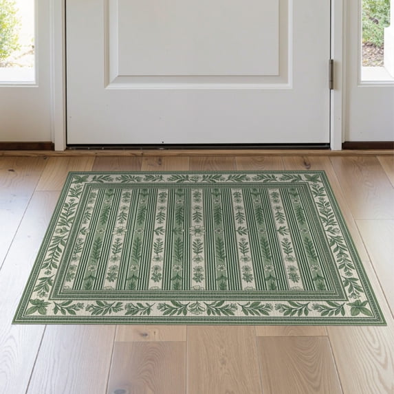 ODIKA 2'x3' Washable Doormat Botanical Stripe Farmhouse Greenery Border Trailing Door Entry Refined for Entryway, Kitchen, Laundry Room, Non-Slip, Low Pile