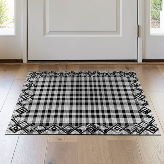 ODIKA 2'x3' Washable Doormat Under Checkered Boho Folk Layering Layered Front Plaid Flowing Dynamic for Entryway, Kitchen, Laundry Room, Non-Slip, Low Pile
