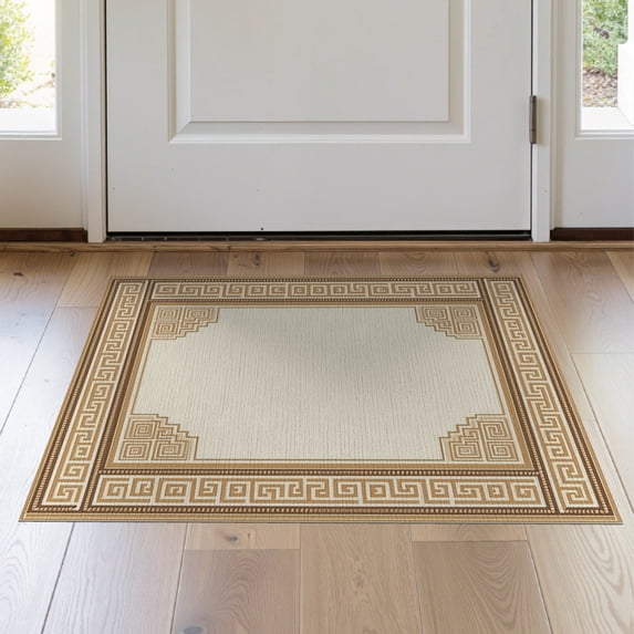 ODIKA 2'x3' Washable Doormat Dining Abstract Beige Greek Key Border Geometric Neutral Periwinkl for Entryway, Kitchen, Laundry Room, Non-Slip, Low Pile