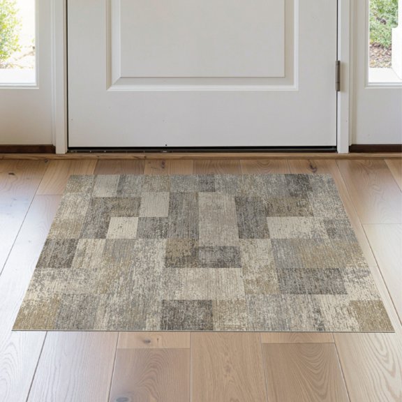 ODIKA 2'x3' Washable Doormat Entryway Weathered Grid Blocky Shapes Muted Bathroom Dorm Terraze for Kitchen, Laundry Room, Non-Slip, Low Pile