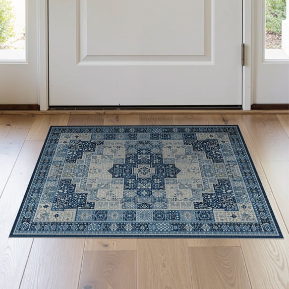 ODIKA 2'x3' Washable Doormat Farmhouse Abstract Geometric Bordered Mosaic Contemporary Navy for Entryway, Kitchen, Laundry Room, Non-Slip, Low Pile
