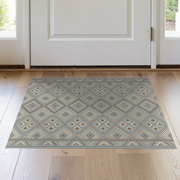 ODIKA 2'x3' Washable Doormat Farmhouse Symmetrical Inspired Contrasting Border Neutral Geometric for Entryway, Kitchen, Laundry Room, Non-Slip, Low Pile