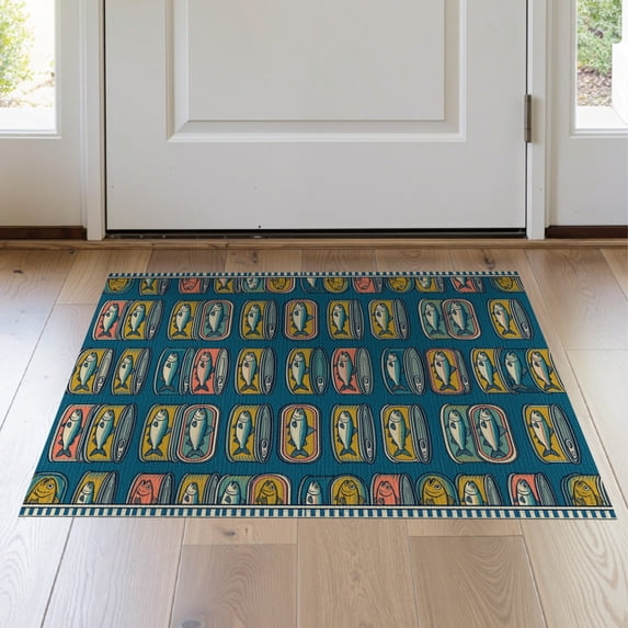 ODIKA 2'x3' Washable Doormat Fish Playful Fishing Faces Vintage Cannery Motif Rectangular for Entryway, Kitchen, Laundry Room, Non-Slip, Low Pile