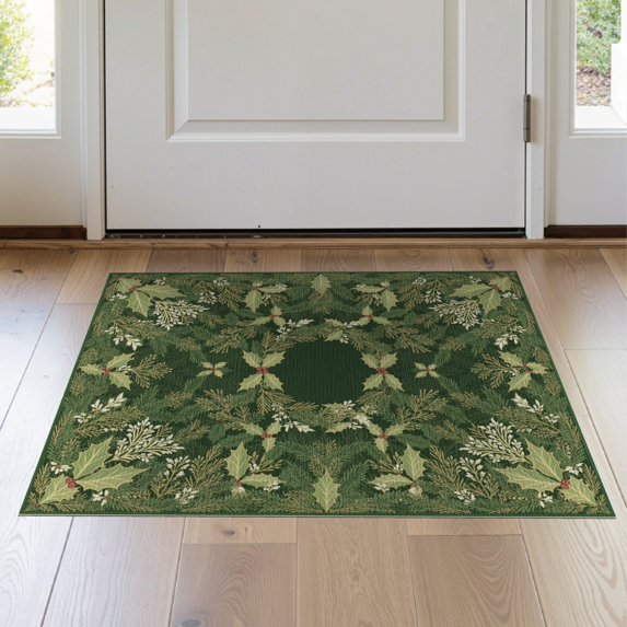 ODIKA 2'x3' Washable Doormat Green Leaves Boho With Festive Holly Wreath Accents Christmas Flowing Dynamic for Entryway, Kitchen, Laundry Room, Non-Slip, Low Pile