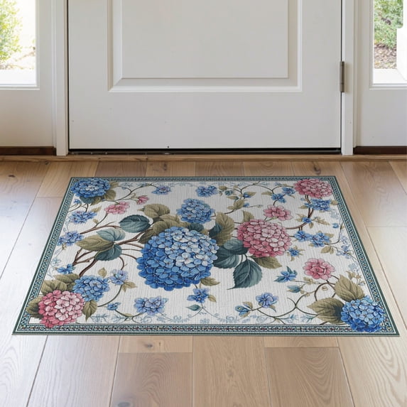 ODIKA 2'x3' Washable Doormat Hydrangea Botanical Plaid Lattice Pink Cluster Eucalyptus Border for Entryway, Kitchen, Laundry Room, Non-Slip, Low Pile