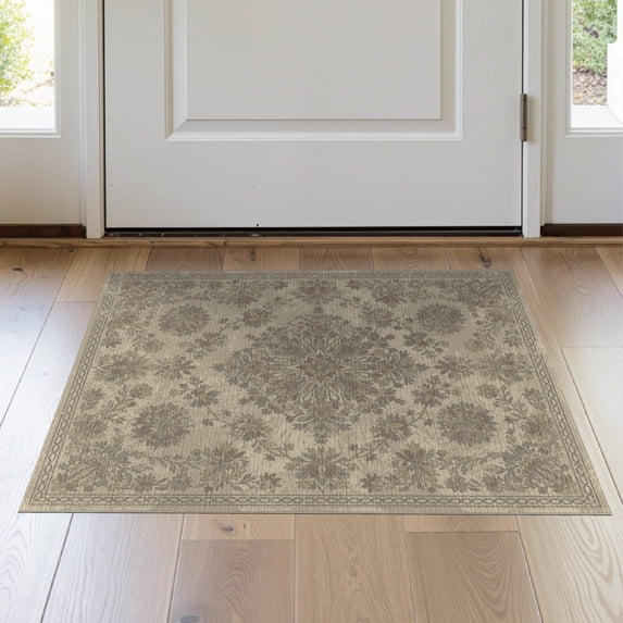ODIKA 2'x3' Washable Doormat Large Southwestern Beige Featuring Faded Botanical Dining Table for Entryway, Kitchen, Laundry Room, Non-Slip, Low Pile