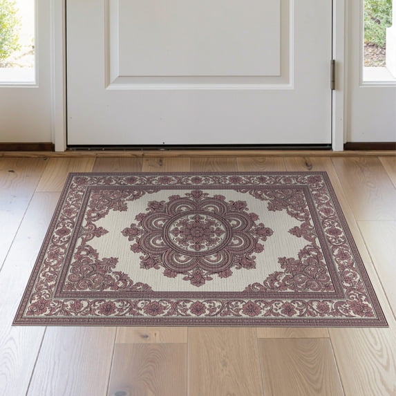 ODIKA 2'x3' Washable Doormat Mauve Vintage Dusty Boho Faded Scrollwork Scroll Border Motifs for Entryway, Kitchen, Laundry Room, Non-Slip, Low Pile