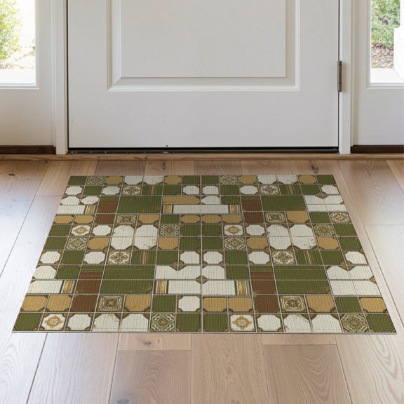 ODIKA 2'x3' Washable Doormat Mid Century Contemporary Mixed Detail Vintage Tone Chartreuse for Entryway, Kitchen, Laundry Room, Non-Slip, Low Pile