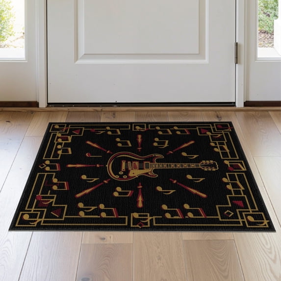 ODIKA 2'x3' Washable Doormat Music Rock Centered Motif Note Border Record Vinyl Themed Guitar Flowing Dynamic for Entryway, Kitchen, Laundry Room, Non-Slip, Low Pile