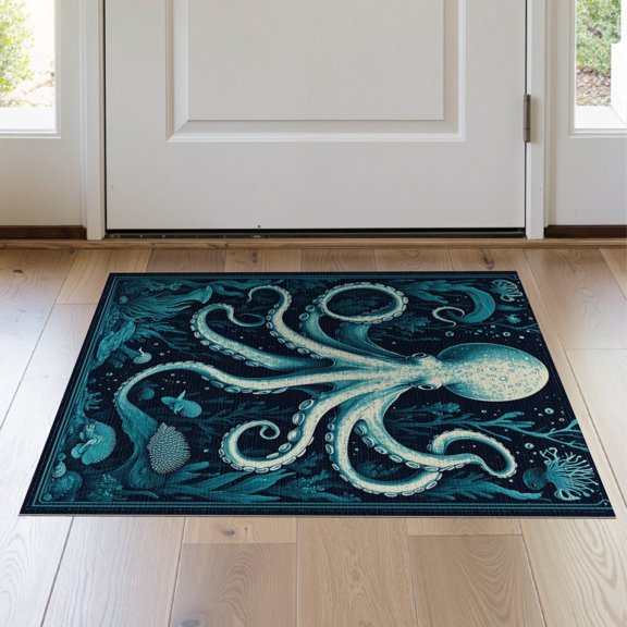 ODIKA 2'x3' Washable Doormat Navy Octopus Animals Tentacle Nautical Deep Creature Wave for Entryway, Kitchen, Laundry Room, Non-Slip, Low Pile