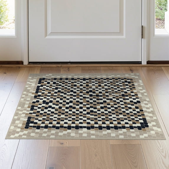ODIKA 2'x3' Washable Doormat Neutral Tonal Gradient Border Transitional Symmetrical Design for Entryway, Kitchen, Laundry Room, Non-Slip, Low Pile