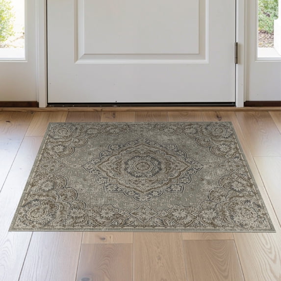 ODIKA 2'x3' Washable Doormat Non-Slip, Low Pile Boho Central Motif Interlocking Design Symmetrical Decorative for Entryway, Kitchen, Laundry Room