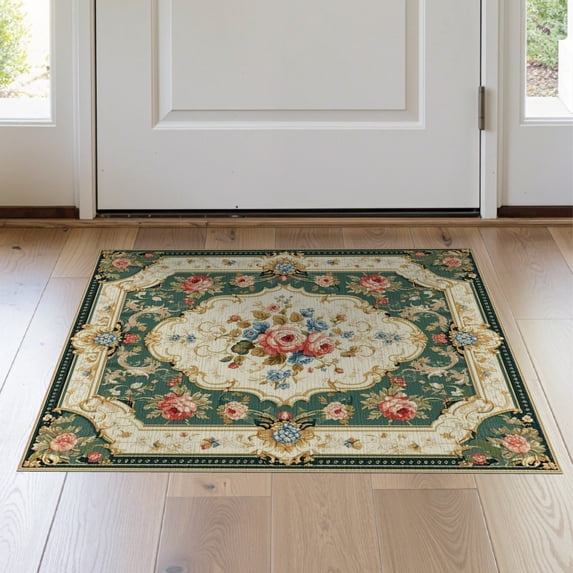 ODIKA 2'x3' Washable Doormat Non-Slip, Low Pile Deep Green Vintage Floral Elegance Ornate Damask with Intricate Scroll Motifs for Entryway, Kitchen, Laundry Room