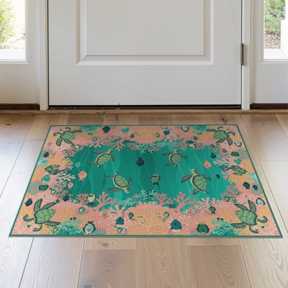 ODIKA 2'x3' Washable Doormat Non-Slip, Low Pile Door Ocean Underwater Turtle Vibrant Reef Border Round Jellyfish for Entryway, Kitchen, Laundry Room