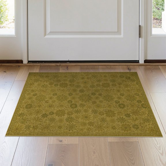ODIKA 2'x3' Washable Doormat Non-Slip, Low Pile Earthy Vintage Boho Distressed Retro Tone Chartreuse Mid Flowing for Entryway, Kitchen, Laundry Room