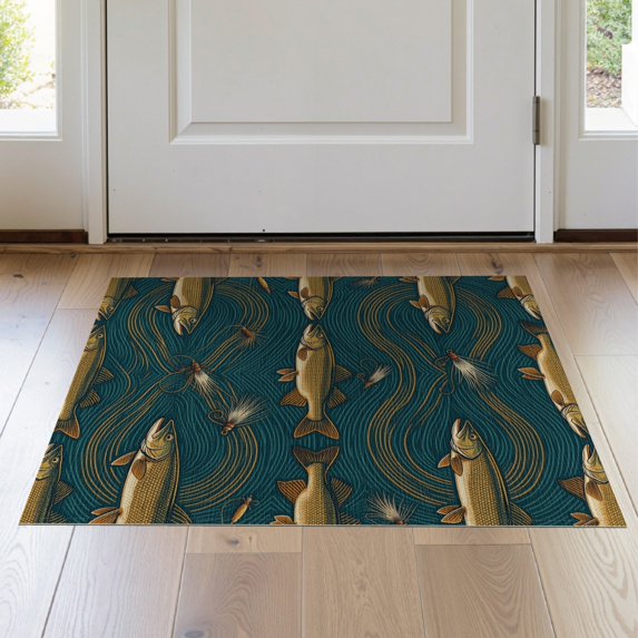 ODIKA 2'x3' Washable Doormat Non-Slip, Low Pile Fish Theme Vintage Motif Scattered Arrangement Fly Border Decor for Entryway, Kitchen, Laundry Room