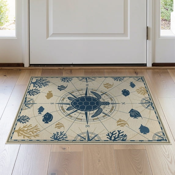 ODIKA 2'x3' Washable Doormat Non-Slip, Low Pile Map Reef Ocean Coral Border Vintage Wave Turtle Nautical Compass Playful for Entryway, Kitchen, Laundry Room