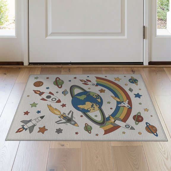 ODIKA 2'x3' Washable Doormat Non-Slip, Low Pile Motifs Plane Educational Border Cartoon Galaxy Constellation Rocket Flowing for Entryway, Kitchen, Laundry Room