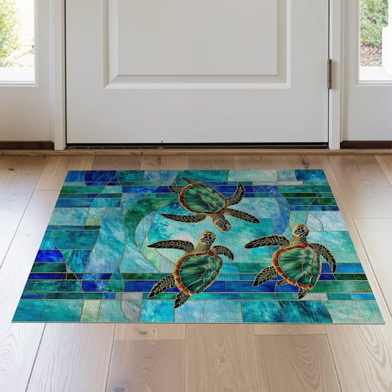 ODIKA 2'x3' Washable Doormat Non-Slip, Low Pile Nautical Stained Turtle Ocean Mosaic Entryway Teal Beachy Cherry for Kitchen, Laundry Room