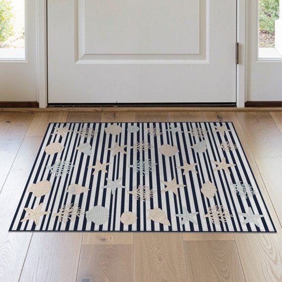 ODIKA 2'x3' Washable Doormat Non-Slip, Low Pile Nautical Starfish Seashell Coral Motifs Reef Border Striped Flowing for Entryway, Kitchen, Laundry Room