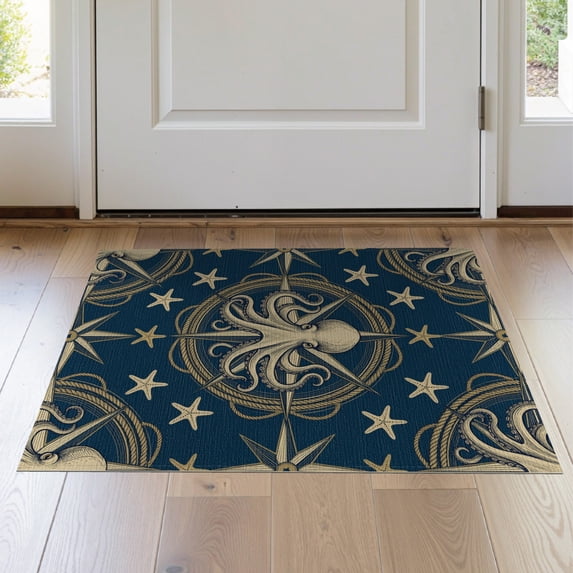 ODIKA 2'x3' Washable Doormat Non-Slip, Low Pile Nautical Vintage Maritime Compass Motif Retro Circle Octopus Refined Structured for Entryway, Kitchen, Laundry Room