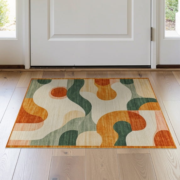 ODIKA 2'x3' Washable Doormat Non-Slip, Low Pile Orange Sage Burnt Swirl Abstract Geometric Wavy Stripe Creamy for Entryway, Kitchen, Laundry Room