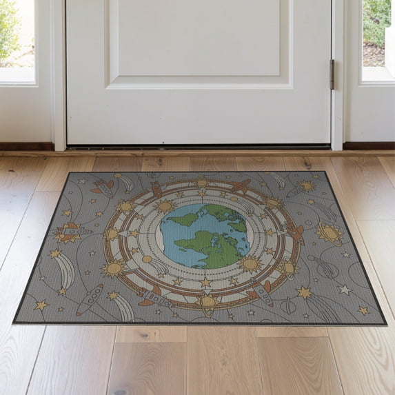 ODIKA 2'x3' Washable Doormat Non-Slip, Low Pile Plane Border Educational Motifs Cartoon Galaxy Constellation Rocket Flowing for Entryway, Kitchen, Laundry Room