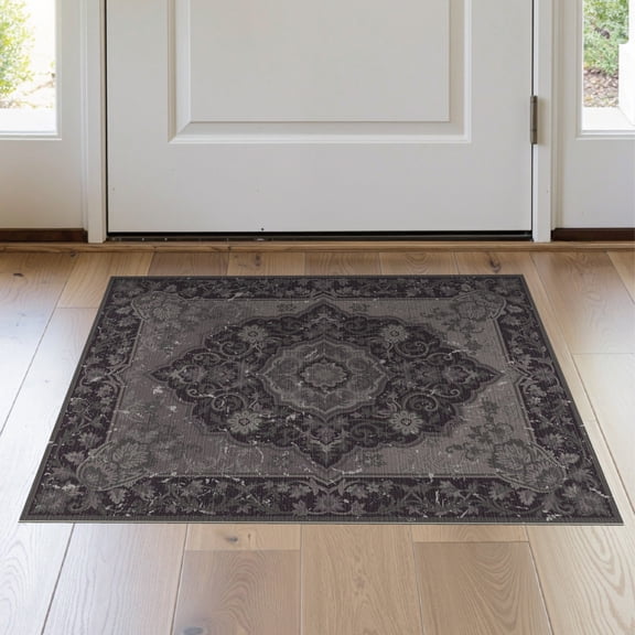 ODIKA 2'x3' Washable Doormat Non-Slip, Low Pile Plum Vintage Distressed Scrollwork Pink Mauve Boho Grey Purple Flowing Dynamic for Entryway, Kitchen, Laundry Room